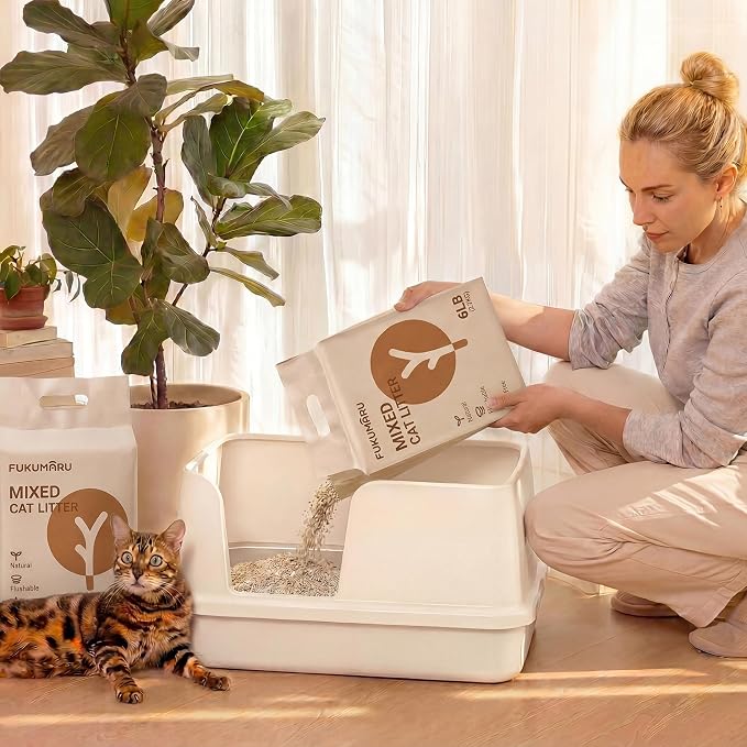FUKUMARU Tofu Cat Litter, 12 LBS Clumping Cat Litter, Dust Free, Natural, Unscented, Flushable, Lightweight, Low Tracking, Mixed Apple Wood, 24/7 Odor Control, 6 lb x 2 Bags