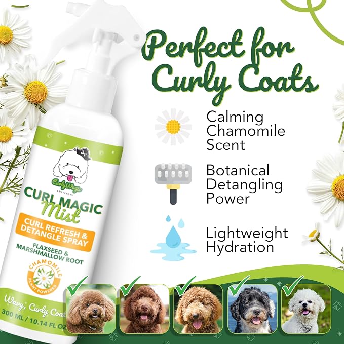 Dog Detangler & Curl Refresh Spray, Mat-Reducing Leave-in Conditioner for Curly Coats, Tangle-Free Dematting, Moisturizing No-Rinse Dog Grooming for Doodle, Poodle, Goldendoodle (Chamomile)