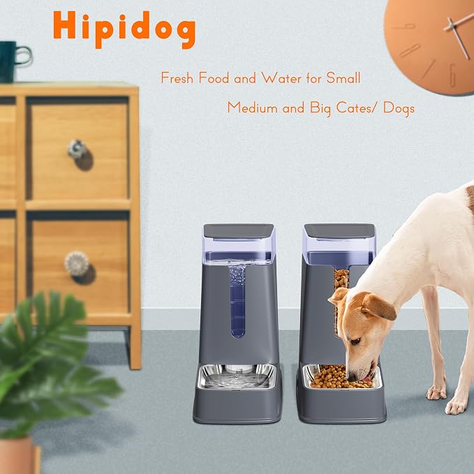 Cat Food Dispenser and Cat Water Dispenser Set with Stainless Steel Bowls Gravity Dog Feeder for Small Medium Big Cat Dog Pet Puppy Kitten, 1 Gallon x 2