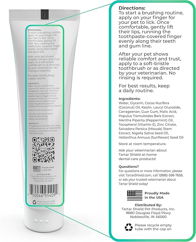 Tartar Shield® Pro Care Natural Coconut Toothpaste for Dogs & Cats, VOHC Accepted, Clinically Proven Plaque, Tartar & Halitosis Reduction, Human-Grade Ingredients, 3 oz.