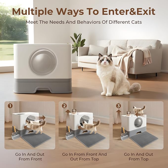 XXXL Stainless Steel Litter Box with Lid, Front Entry & Top Exit, Drawer Design, Scoop & Mat, for Maine Coon, Big & Multi-Cat Homes