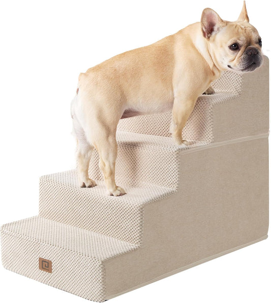 EHEYCIGA Dog Stairs for High Bed 22.5" H, 5-Step Dog Steps for Bed, Pet Steps for Small Dogs and Cats, Non-Slip Balanced Pet Ramp Indoor, Beige