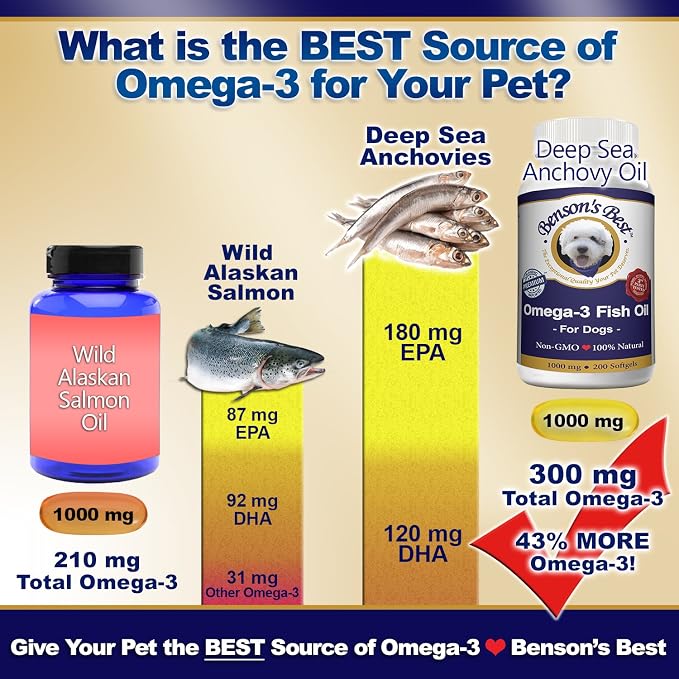 Benson's Best Omega 3 Fish Oil for Dogs - Anchovy Oil Softgel Capsules - Provides 43% More Omega 3 Fatty Acids Than Salmon Oil - 200 Softgels 1000 mg - 100% Pure, Non-GMO, Natural Pet Food Supplement