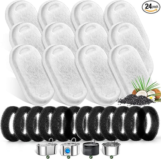 Cat Water Fountain Filters for Stainless Steel 67oz/2L Adjustable Water Flow Pet Fountain, 12 Pack Pet Replacement Filters with 12 Sponges