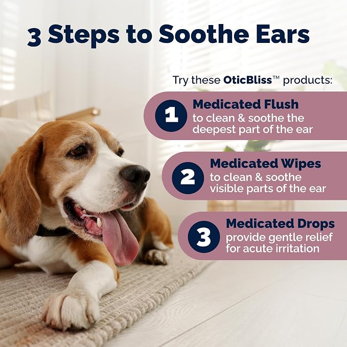 Vetnique Oticbliss Medicated Dog Ear Wipes, Dog & Cat Ear Cleaner Yeast, & Ear Infection Treatment with Hydrocortisone, Antibacterial & Antifungal for Itchy Ears (Medicated Ear Wipes)