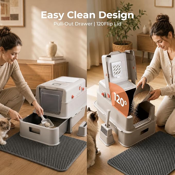Stainless Steel Enclosed Cat Litter Box with Lid, Front & Top Entry, Drawer & Flip Cover Design, Odor Control Non-Stick Metal Litter Box, Spacious for Large Cats with Scoop and Mat,