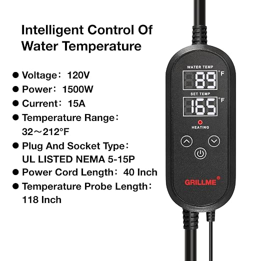 GRILLME 1500W Immersion Water Heater with Intelligent Temperature Controller,Fully Submersible Portable Electric Heater,5 Galons Bucket Heater,Corrosion Preventive 316L Shel,Easy and Convenient to Use