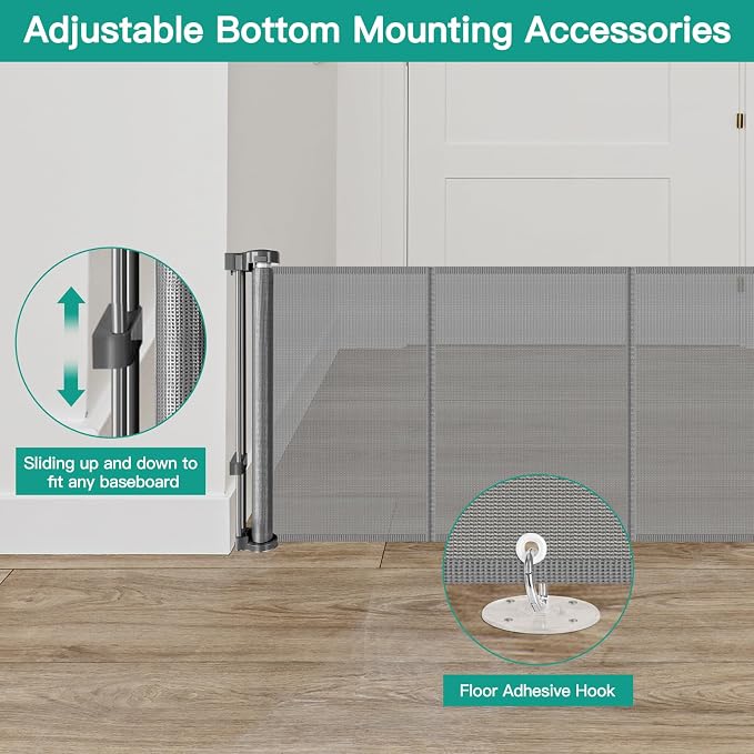 24 Inch Tall x 110 Inch Extra Wide Retractable Dog Gate for The House, Short Baby Gate to Step Over, Reinforced Mesh Puppy Gate for Doorways, Step Over Pet Gate for Stairs, Indoor/Outdoor, Gray