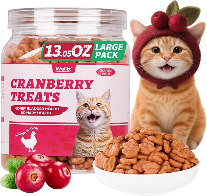 Wellix 13.05oz Urinary Tract Health Cat Treats for Indoor Cats - Cranberry&D-Mannose for UT,Kidney,Bladder Support - Chicken Formula Crunchy Kitten Training Snacks Chews