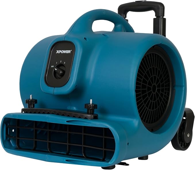 XPOWER P-630HC Pro 1/2 HP 2800 CFM Centrifugal Air Mover, Carpet Dryer, Floor Fan, Blower, Telescopic Handle and Wheels, Carpet Clamp, for Water Damage Restoration, Janitorial, Plumbing, Home Us, Blue