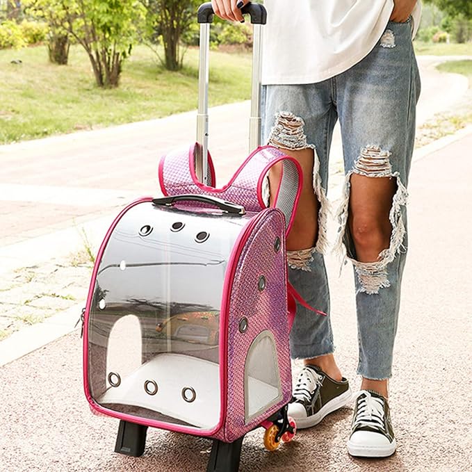 Pet Travel Rolling Carrier Backpack with Removable Wheels,Portable Foldable Breathable Airline Approved Hiking Soft-Sided Carrying Bag Trolley for Small Dogs And Cats with Mesh Ventilation Windows