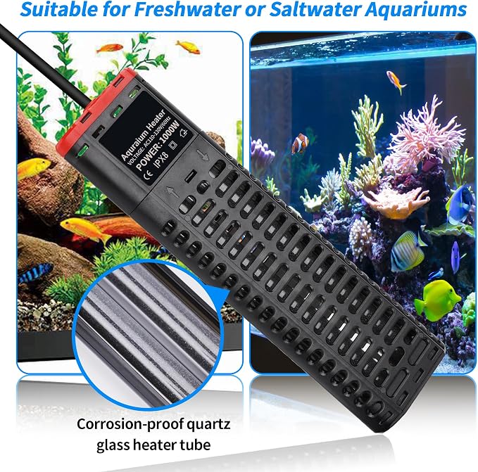 Aquarium Heater 1000W Submersible Fish Tank Heater with Double Quartz Tubes and LED Display Temperature Controller for 150-300 Gallon, Suitable for Saltwater and Freshwater