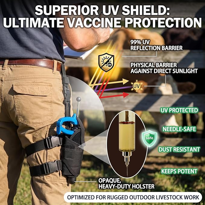 Heavy Duty Holster for Livestock Syringe Belt Mounted Carrier with Leg Strap Hands Free Holder Compatible with 50mL Repeater Injectors Safety Needle Guard for Farm & Ranch Use, Black