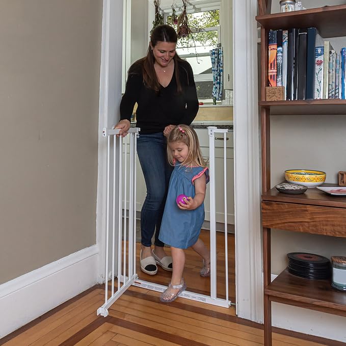 Ozzy & Kazoo Extra Tall Walk-Through Dog Gate, Fits Openings 28.75-39.75” Wide, White Metal Dog Gate, for Doorways and Stairways, 36” Tall