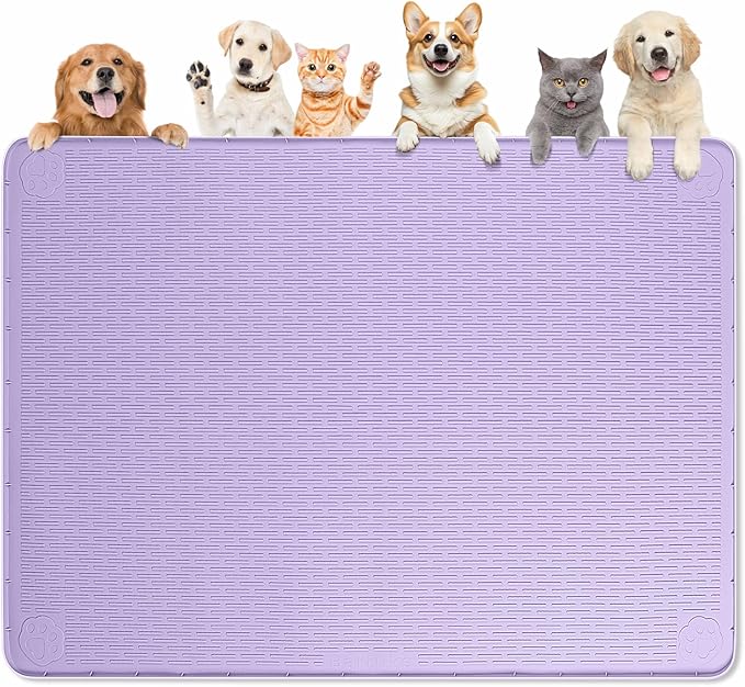 Dog Food Mat, Extra Large 50" x 35" Silicone Pet Feeding Mat with Raised Edge Pet Placemat for Small, Medium, and Large Pets Non-Slip, Easy to Clean (Purple)
