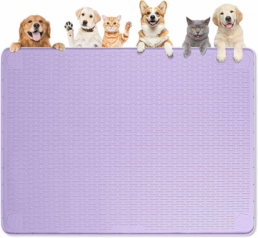 Dog Food Mat, Extra Large 50" x 35" Silicone Pet Feeding Mat with Raised Edge Pet Placemat for Small, Medium, and Large Pets Non-Slip, Easy to Clean (Purple)