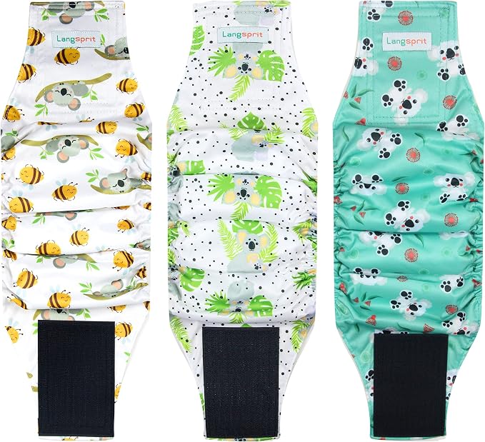 Langsprit Male Belly Bands for Dogs (Pack of 3) - High Absorbing Dog Wraps Male Washable - Reusable Small Doggy Doggie Puppy Dog Diapers (Koala, X-Small)