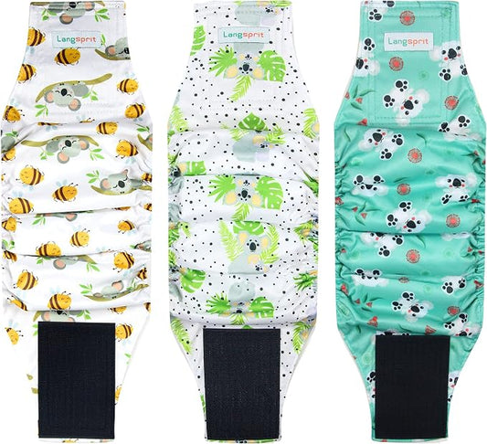Langsprit Male Belly Bands for Dogs (Pack of 3) - High Absorbing Dog Wraps Male Washable - Reusable Small Doggy Doggie Puppy Dog Diapers (Koala, X-Small)