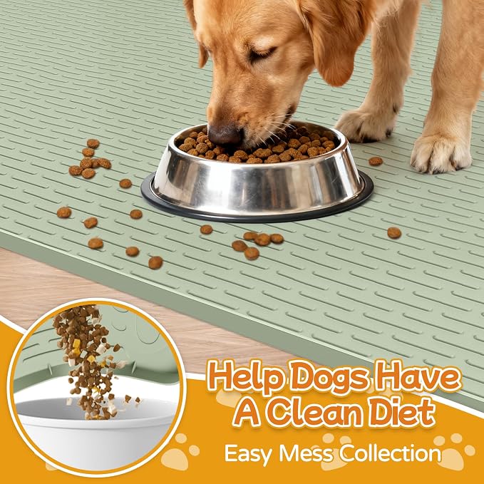 Dog Food Mat, 40" x 28" Large Silicone Mat Dog Feeding Mat with Raised Edge Non-Slip Pet Feeding Mat for Food and Water Bowl, Easy to Clean, Floor Protection (Green)