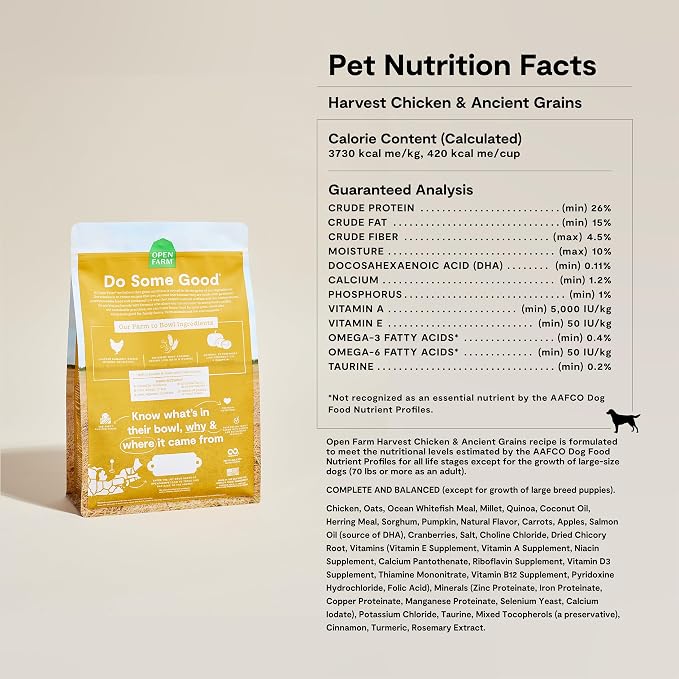 Open Farm, Ancient Grains Dry Dog Food, Protein-Rich & Nutrient Dense, 90% Animal Protein Mixed with Non-GMO Fruits, Veggies and Superfoods, Harvest Chicken Recipe, 4lb Bag