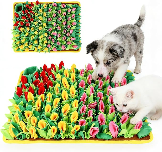 MYLIFESION Snuffle Mat 23.62''×15.75'' for Small & Medium Dogs, Slow Feeding Puzzle Sniff Mat for Cats Rabbits, Mentally Stimulating Scent Training, Portable Durable Pet Food Mat (Tulip Style)