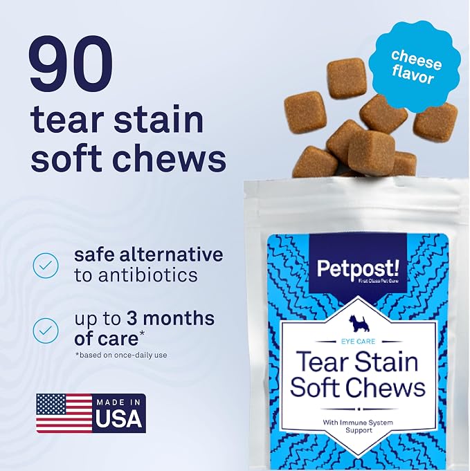 Petpost Tear Stain Remover Soft Chews for Dogs | 90 Count Cheese Flavor Dog Tear Stain Support Supplement | Gentle Eye Care for White Dogs & Light Breeds | Tylosin Free, Made in USA