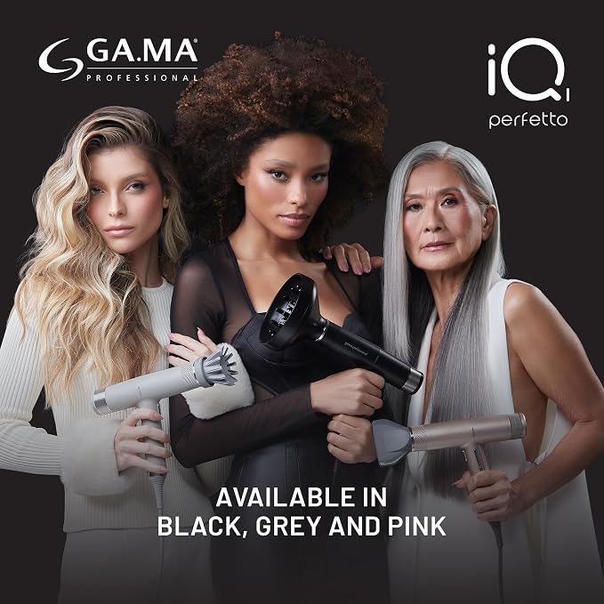 GA.MA iQ1 Perfetto Hair Dryer with 110,000 RPM Intelligent Brushless Motor, Oxy Active Technology, Auto-Clean & Washable Filter, Includes Diffuser & 3 Nozzles, Black