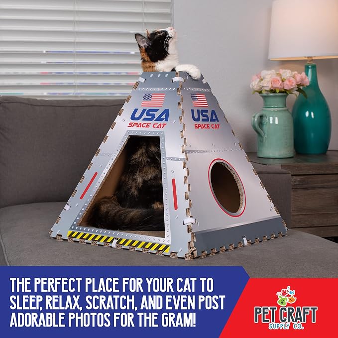 Pet Craft Supply Space House Corrugated Cardboard Cat House Condo Tent Hideaway Cave Furniture Playhouse with Scratching Board and Catnip & Silvervine Blend Scratcher for Kittens and Adult Cats