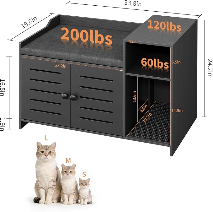 Patikuin Hidden Cat Litter Box Enclosure Cabinet with Mark Pad, Storage Shelf & Odor Control – Modern Farmhouse Indoor Cat House Furniture for Bedroom or Hallway – Black