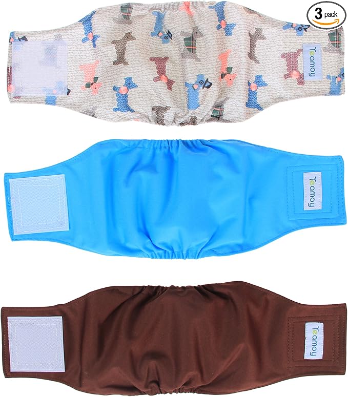 Teamoy Reusable Wrap Diapers for Male Dogs, Washable Puppy Belly Band Pack of 3 (S, 10"-13" Waist, Light Blue+ Dogs+Coffee)