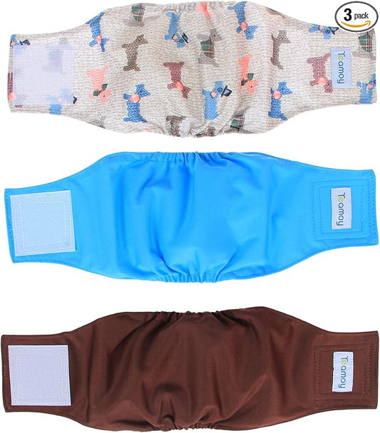 Teamoy Reusable Wrap Diapers for Male Dogs, Washable Puppy Belly Band Pack of 3 (S, 10"-13" Waist, Light Blue+ Dogs+Coffee)