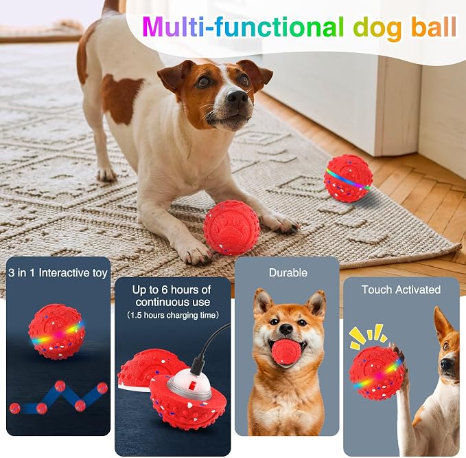Interactive Dog Toys, Waterproof Smart Dog Ball, Rechargeable Moving Bouncing Dogs Ball with RGB Lights, 3 in 1 Play Modes Keeps Dogs Busy, E-TPU Material for Small Medium Dogs
