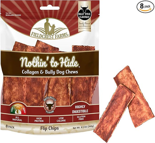 Fieldcrest Farms Nothin to Hide Flip Chips Dog Chews - Natural Rawhide Alternative Treats for Dogs, Collagen Based Snack for Moderate Chewers Up to 35lbs, Beef Bully Flavor -1 Pack (8 Chips)