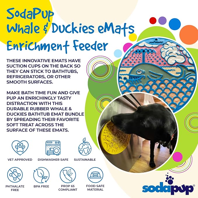 SodaPup Whale & Duckies Bathtub eMat Bundle – Durable Lick Mat Feeder with Suction Cups Made in USA from Non-Toxic, Pet-Safe, Food Safe Rubber for Digestive Health, Avoid Overfeeding, Calming, More