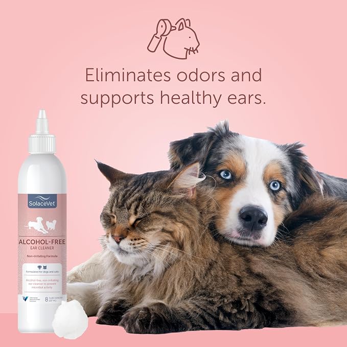 SolaceVet Alcohol-Free Ear Cleaner 8 oz – Veterinarian Recommended Gentle Ear Cleanser for Dogs & Cats, Non-stinging Formula