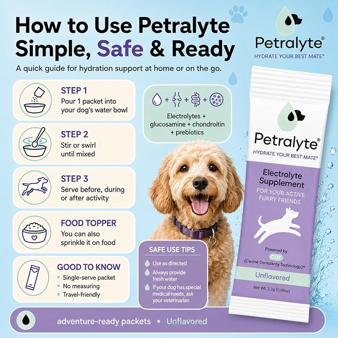 Dog Electrolytes and Joint Supplement | Glucosamine, Chondroitin & MSM for Inflammation and Mobility Support | Electrolytes for Dogs with Prebiotics | Unflavored | 16 Packets