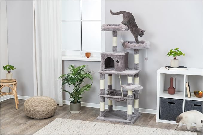 Trixie 56.3" Eduardo Cat Tree, 4-Level Indoor Cat Furniture with Jute Scratching Posts, Plush Condo, Hammock & Platforms, Play Rope and Dangling Ball