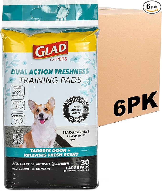 Glad for Pets Dual Action Freshness Activated Carbon Puppy Pads, Fragrance Release, Scented Odor Control, 6-Layer Leak-Proof, Pheromone Attractant, 23 x 23 Inch, 30 Count - 6 Pack
