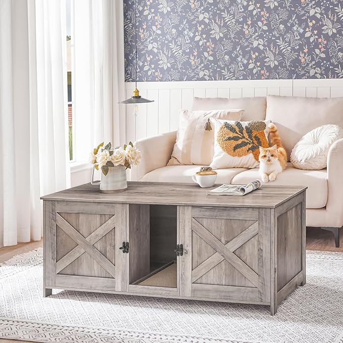 MAHANCRIS Cat Litter Box Enclosure for 2 Cats, 47.2" Hidden Cat Litter Box Furniture with Double Room, Wooden Washroom Cabinet with Scratching Board, Indoor House End Table, Greige CWHG1201