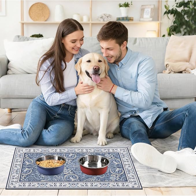 Blue Floral Pet Feeding Mat, Absorbent Dog/Cat Food Mat for Food and Water Bowl, Non-Slip Quick Dry Pet Placemat Floor Protector for Messy Drinkers(12 x 20 in)