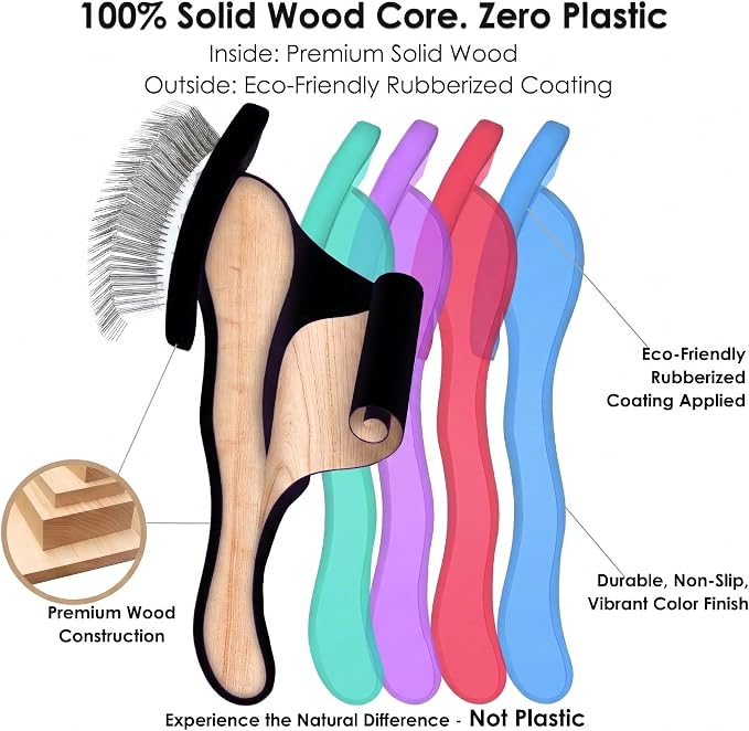 Large Slicker Brush for Dogs - 3-Piece Solid Wood Dog Grooming Kit for Doodles and Poodles - for Wavy, Curly & Matted Hair, Black