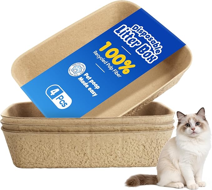 Disposable Litter Boxes for Cats 4-Pack Extra Thick & Sturdy Box Eco-Friendly Cat Travel Cardboard Portable Kitty Litterbox Jumbo Litter Pans for Kitten Leakproof Sustainable for Indoor Outdoor Use