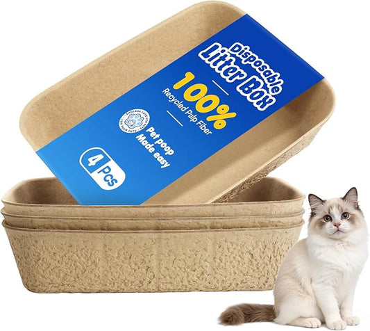 Disposable Litter Boxes for Cats 4-Pack Extra Thick & Sturdy Box Eco-Friendly Cat Travel Cardboard Portable Kitty Litterbox Jumbo Litter Pans for Kitten Leakproof Sustainable for Indoor Outdoor Use