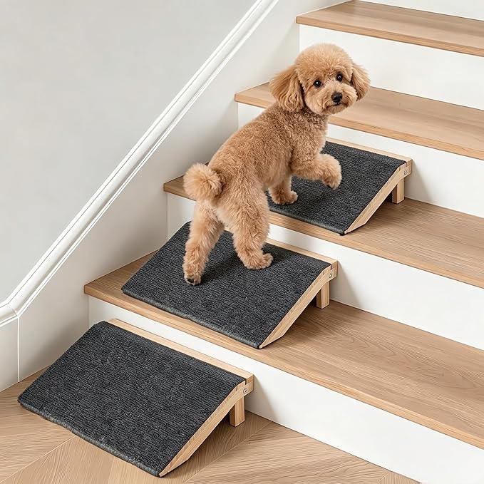 Adjustable Height Dog Ramp for Stairs (11cm/14cm), 3-Pack Solid Wood Pet Stair Ramp with High Traction Carpet, Indoor Dog Step for Small Breeds, Senior Dogs & Cats