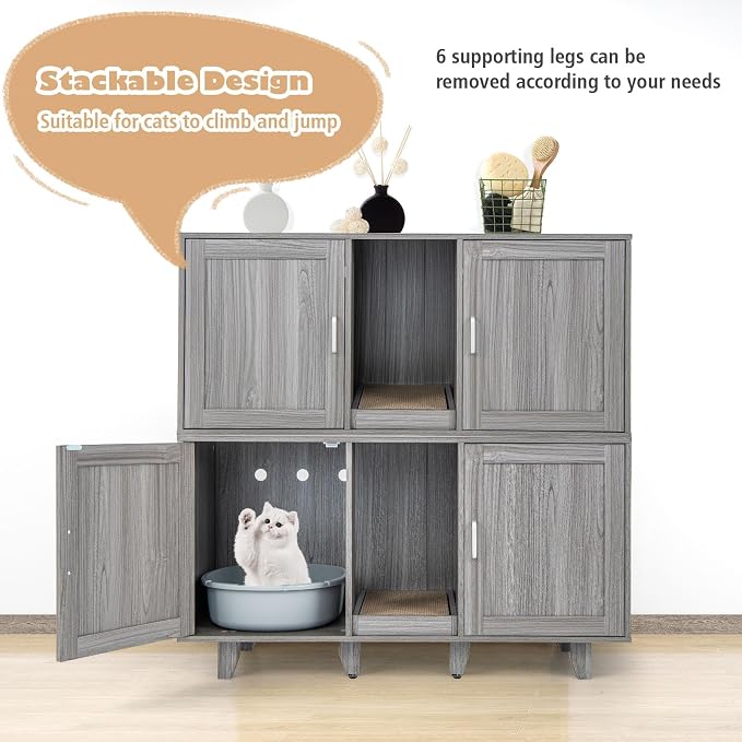 Tangkula Patented Double Cat Litter Box Enclosure for 2 Cats, Large Stackable Hidden Privacy Cat Washroom Cabinet with Scratching Board, Indoor Cat House TV Stand, Litter Box Furniture (Grey Oak)