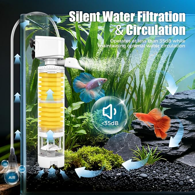 Vehipa Fish Tank Filters, 4-in-1 Aquarium Filter for Multi-Layer Filtration, Adjustable Oxygenation & Wavemaker, Ultra-Quiet Water Circulation for 40-70 Gallon Aquariums, 225GPH