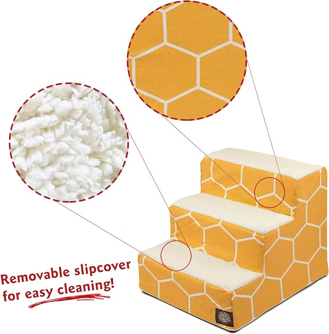 Majestic Pet 3 Step Portable Dog Stairs for Small Dogs to get on Bed Supports 25 lbs or Less – Dog Steps for High Bed with Machine Washable Cover – Pet Stairs for Cats Hexo Shapes Yellow