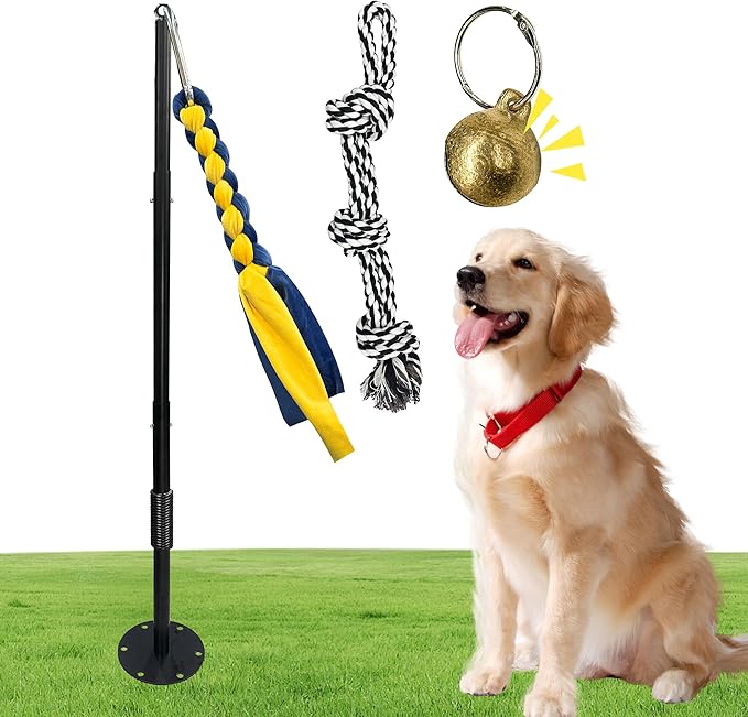 Tether Tug Outdoor Dog Toy, Interactive Exercise Game in Yard, Tether Tug with 2 Rope Toy and Bell for Large Medium Small Dog, Pull Chase and Tug of War