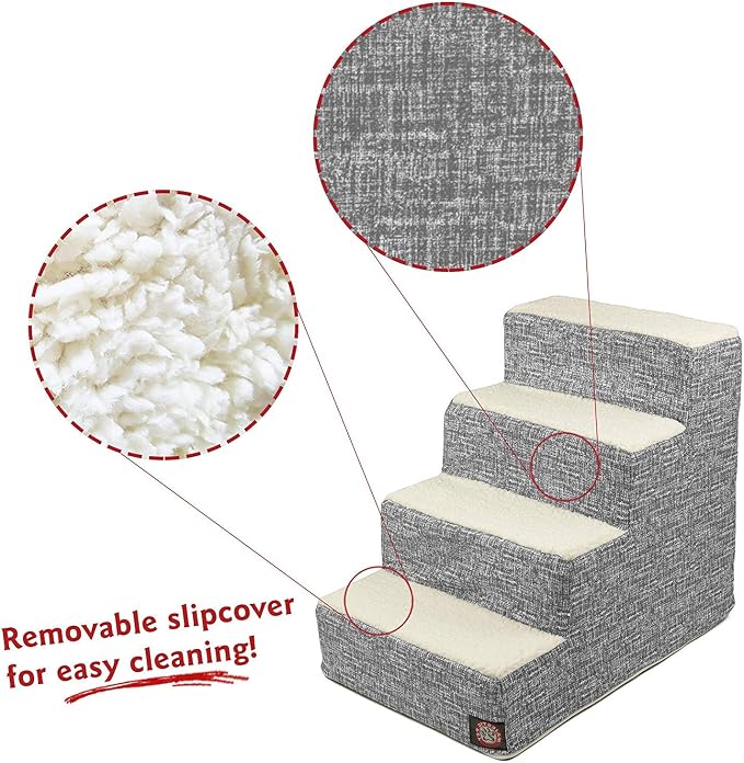 Majestic Pet 4 Step Portable Dog Stairs for Small Dogs to get on Bed Supports 250 lbs or Less – Dog Steps for High Bed with Machine Washable Cover –Pet Stairs for Cats Palette Heathered Light Black