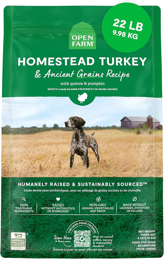 Open Farm, Ancient Grains Dry Dog Food, Protein-Rich & Nutrient Dense, 90% Animal Protein Mixed with Non-GMO Fruits, Veggies and Superfoods, Homestead Turkey Recipe, 22lb Bag